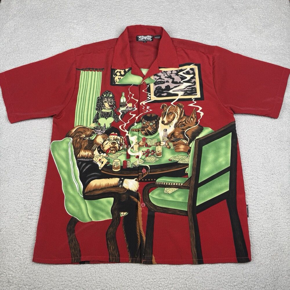 VTG Y2K Dragonfly Shirt Mens XL Red Dogs Playing Poker Gambling Button Up Camp